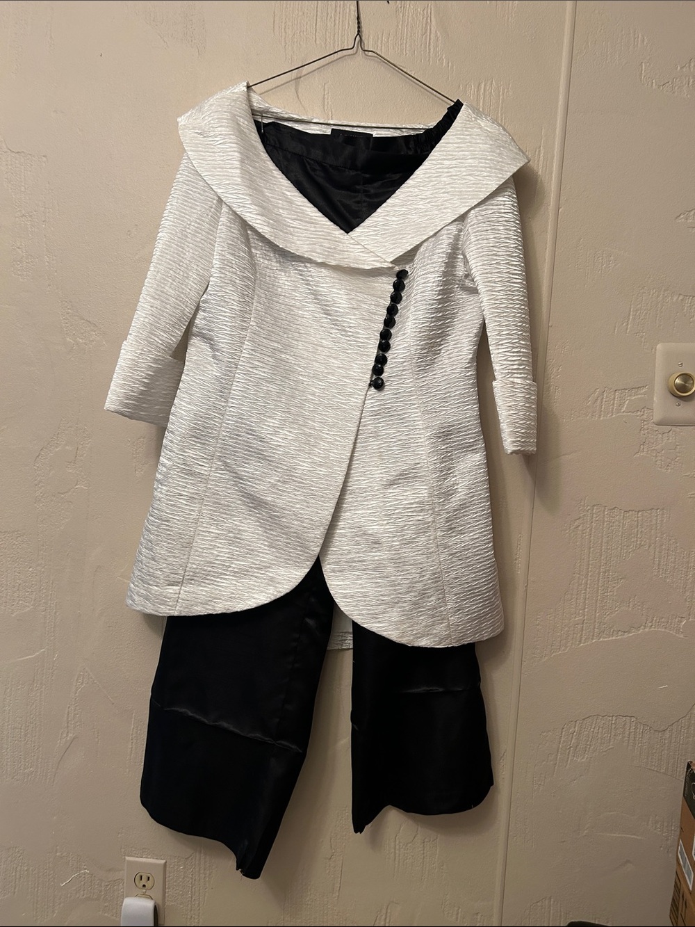 White Textured Asymmetric Jacket with Black Trim